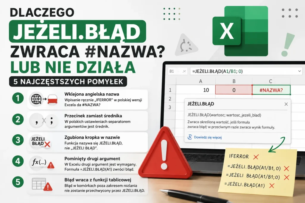 Lista najczęstszych błędów w funkcji JEŻELI.BŁĄD w Excelu pokazująca, dlaczego formuła nie działa i jak uniknąć błędu #NAZWA?.